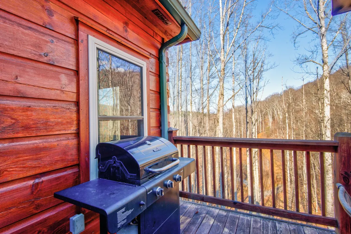 A wooden deck with a grill overlooks a backdrop of trees, offering an inviting space for outdoor dining and social gatherings. The surrounding nature creates a laid-back atmosphere ideal for al fresco meals and evening conversations.